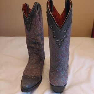 Denim Gray Embroidered Star-Patterned Women's Wrstern Boots